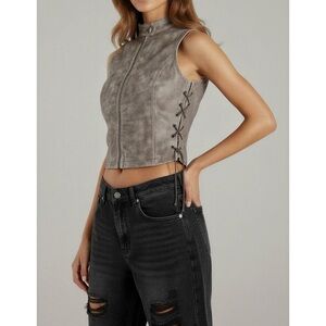 JADED LONDON Faux Leather Sleeveless Jacket W/ Lace Sides, Steel, Medium